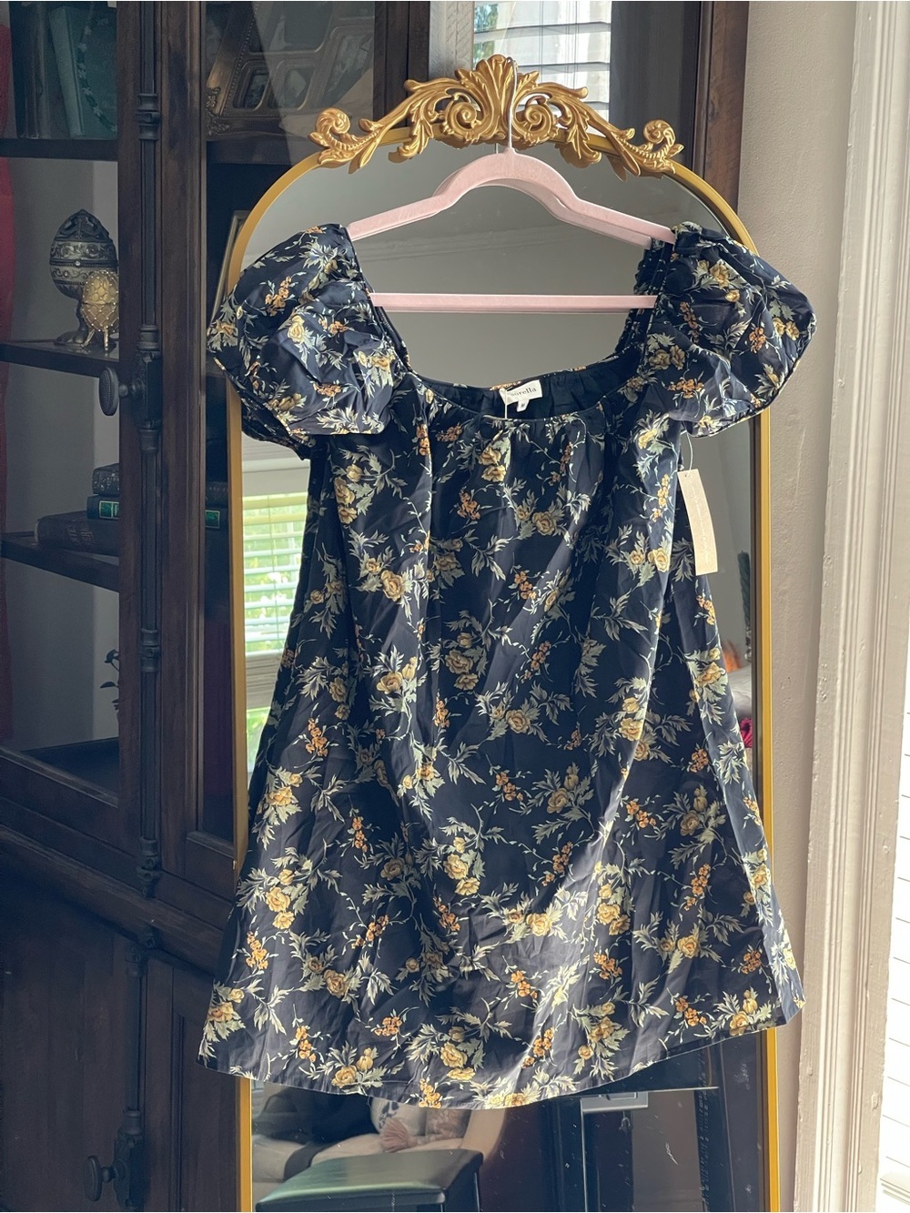 Few Moda Sorella NWT 100% Cotton Black Floral Puff-Sleeve Mini Sundress